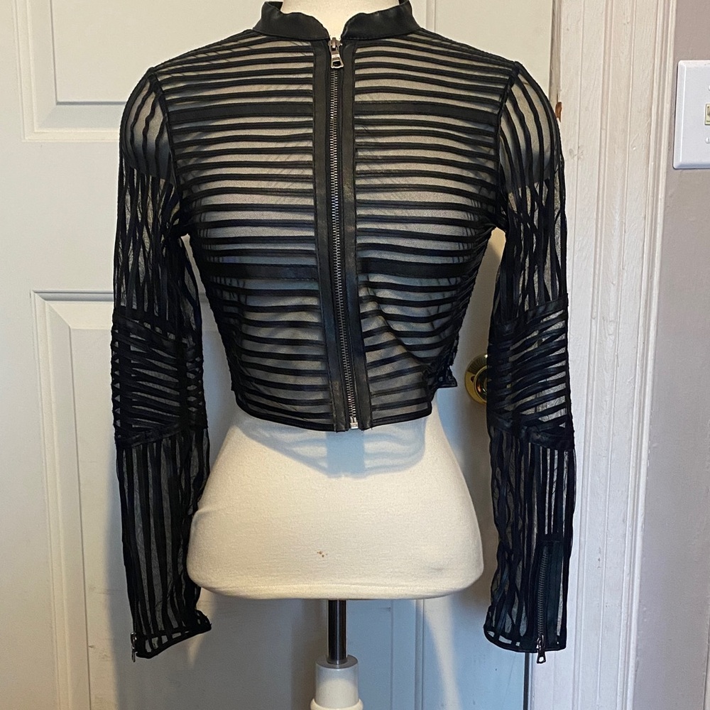 NWOT, MANDEE Women’s S Black Sheer w/ Faux Leather Accents Cropped Jacket Top